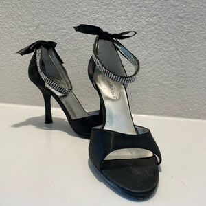 Rampage Black Satin Open-Toe Heels with Crystal Ankle Strap